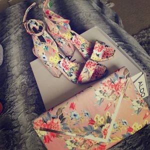 ALDO floral open toe shoes and matching purse.